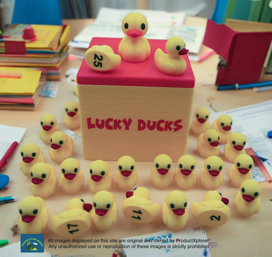 3D printed Lucky Ducks in a box with a duck on the lid a teacher resource for grouping students, enhancing classroom management, and integrating into a teacher planner for elementary school. These Lucky Ducks serve as a classroom helper