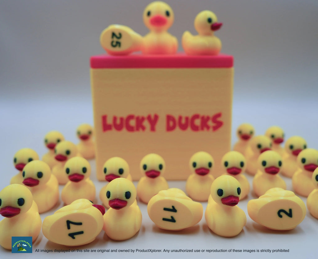 3D printed Lucky Ducks in a box with a duck on the lid a teacher resource for grouping students, enhancing classroom management, and integrating into a teacher planner for elementary school. These Lucky Ducks serve as a classroom helper
